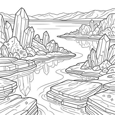 Immerse yourself in the tranquil beauty of a salt lake landscape with this unique coloring page, perfectly designed for seniors. Enjoy the clear, bold outlines of crystalline formations and reflective waters as you bring this serene scene to life.