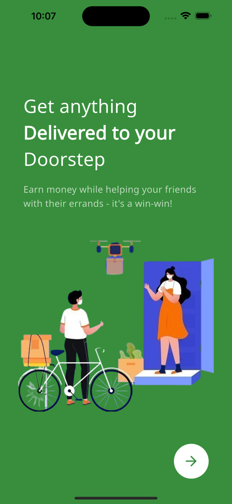Errand-Earn - Errand-Earn App Onboarding-Bildschirm mit Illustrationen von Fahrrad- und Drohnenlieferdiensten für Studenten