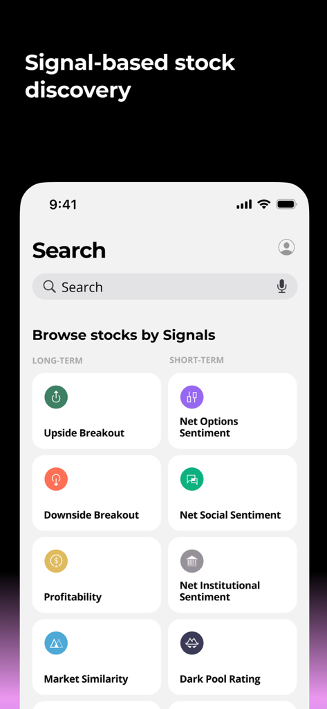 Prospero.Ai - AI Stock Trading - Prospero.Ai app interface showing signal-based stock discovery with categories for long-term and short-term investment signals