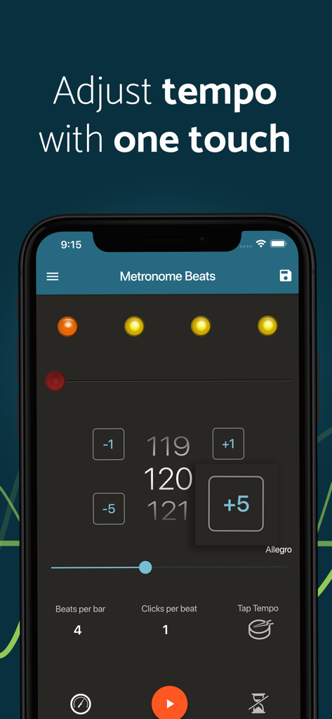 Metronome Beats Pro - Metronome Beats Pro app interface showing one-touch tempo adjustment buttons and BPM display