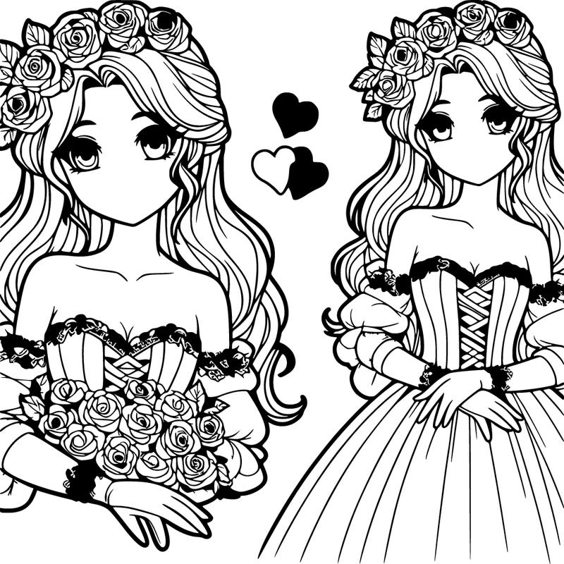 a beautiful girl with long hair and wearing a ball gown with gloves and roses in her hair