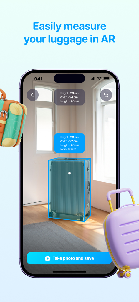 Luggify: AR Luggage Scanner - A smartphone showing the Luggify app measuring a suitcase with augmented reality and displaying its dimensions.