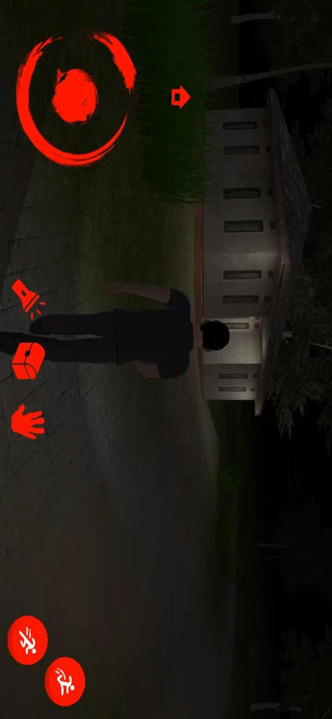 Sate Gagak Rituals - A character walks towards a building in the dark in the Sate Gagak Rituals horror game with red navigation and action buttons visible.