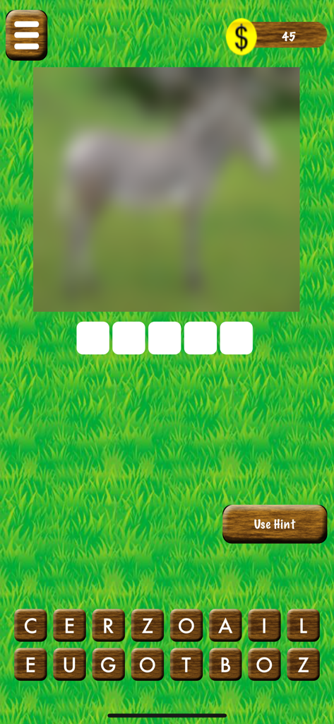 Name The Animal - Word Game - A blurred animal image puzzle in the Name The Animal word game with a letter grid and hint button