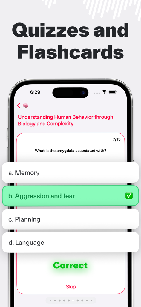 Captura de tela do aplicativo Studley mostrando uma pergunta de quiz gerada por IA sobre a amígdala com a resposta correta destacada.