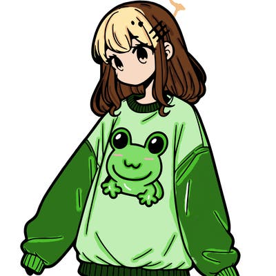 girl wearing frogging sweatshirt