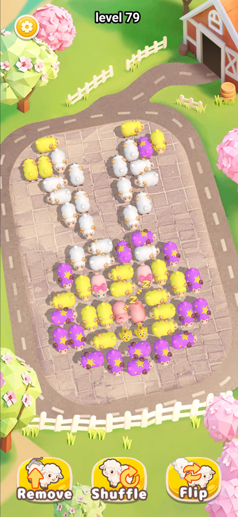 Un niveau de puzzle cérébral dans Sheep Away présentant des moutons et des animaux de ferme 3D colorés dans un enclos surpeuplé.