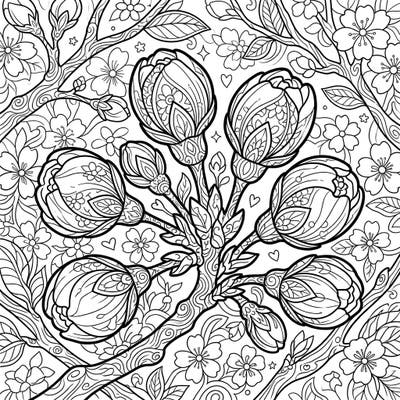 Delicately rendered for adult colorists, this intricate page features a captivating close-up of cherry blossom buds poised to bloom. Immerse yourself in the detailed patterns, perfect for mindful relaxation and artistic expression.