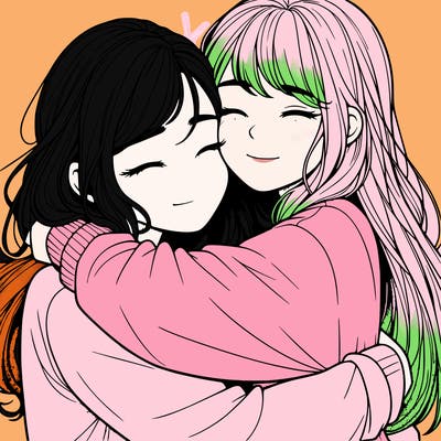 realistic two girls hugging