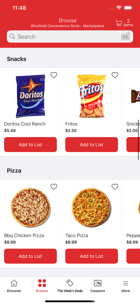 Freshop Groceries - The browse screen of the Freshop Groceries app showcasing snacks and pizzas from a local convenience store.