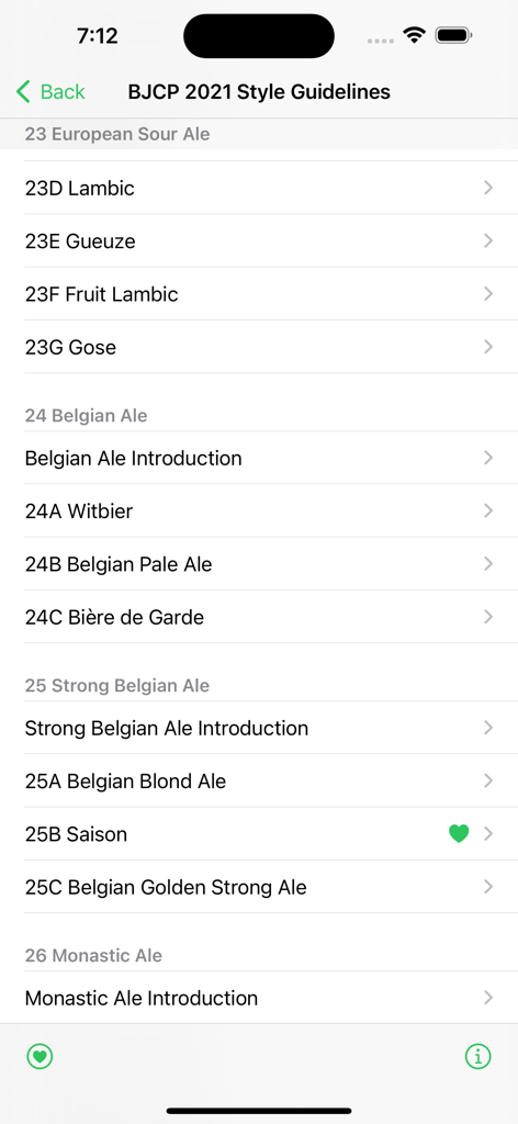 A list of BJCP 2021 beer style guidelines featuring categories like European Sour Ale and Belgian Ale on a mobile interface.