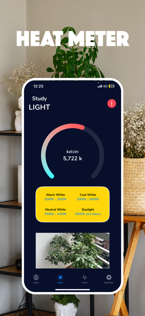 LUX Meter - Photo Light Meter - Une capture d'écran de l'application LUX Meter montrant un thermomètre mesurant la température de couleur de la lumière à 5722 Kelvin avec un guide pour la lumière blanche chaude et froide.