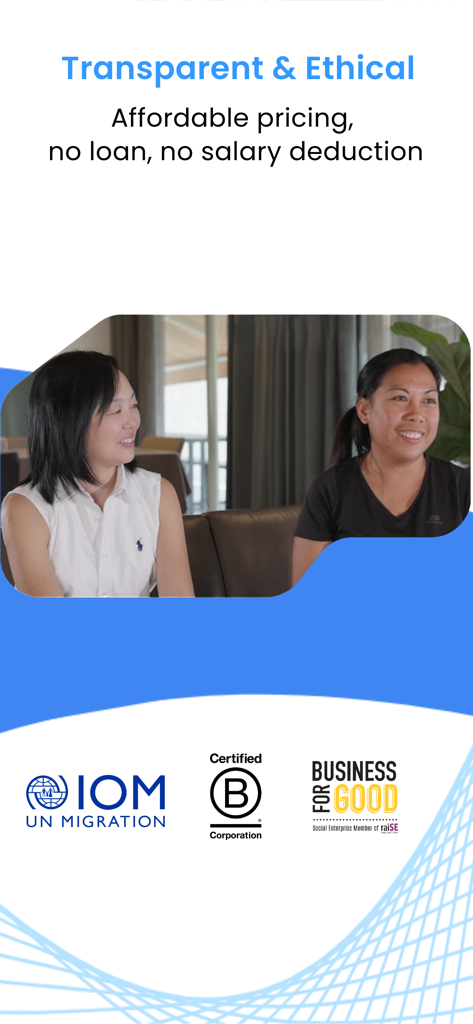 We Are Caring - Hire your maid - Um empregador e uma empregada doméstica conversando na plataforma de contratação ética We Are Caring mostrando logotipos B Corp e IOM