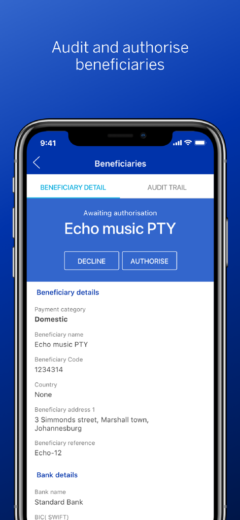 Business Online - Écran d'application mobile affichant les détails d'autorisation des bénéficiaires pour un compte professionnel.