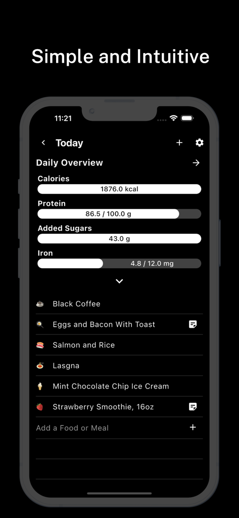 Chomp: Simple Macro Tracker - Panel de la app Chomp que muestra barras de progreso de nutrientes diarios y un registro de comidas en un tema oscuro minimalista.