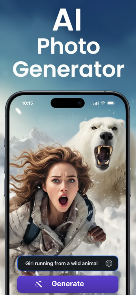 Interfaz de la aplicación Generador de Fotos IA mostrando la generación de una imagen de texto a imagen de una mujer corriendo de un oso polar basada en una indicación.