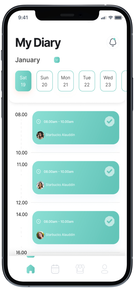 Caly Pro - Caly Pro App "Mein Tagebuch"-Bildschirm mit einer Liste geplanter Salontermine für den Tag
