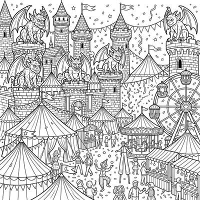 Discover a fantastical fusion where stoic castle gargoyles watch over a vibrant carnival bustling with tents, rides, and happy visitors. This unique coloring page offers a thrilling blend of medieval mystery and festive fun, promising hours of creative enjoyment.