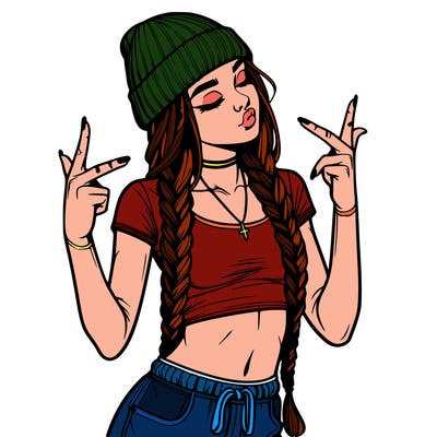 realistic teenage girl with braids and a beanie and crop top doing 🫶🏼