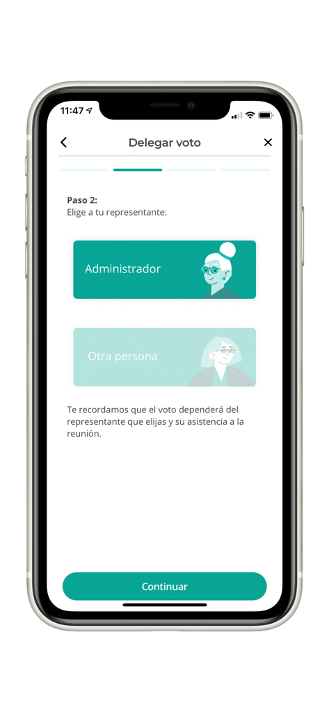 TucomunidApp - 커뮤니티 결정에 대한 투표를 관리자 또는 다른 사람에게 위임하는 단계를 보여주는 TucomunidApp의 인터페이스.