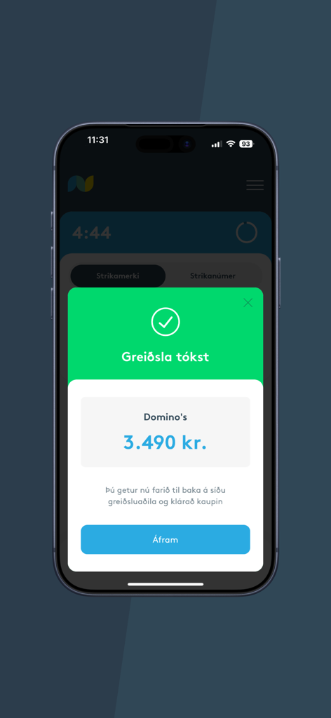 Netgíró - Mobile phone showing a successful transaction confirmation in the Netgiro payment app