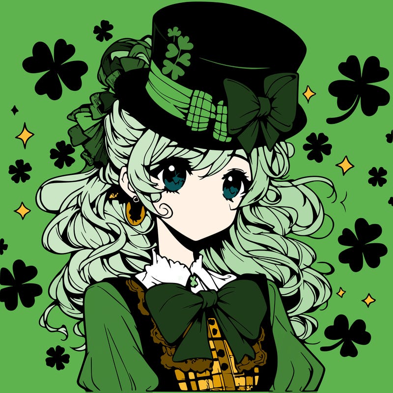 a manga-style girl with clovers around her, a little hat in her hair, like it's saint patrick's day