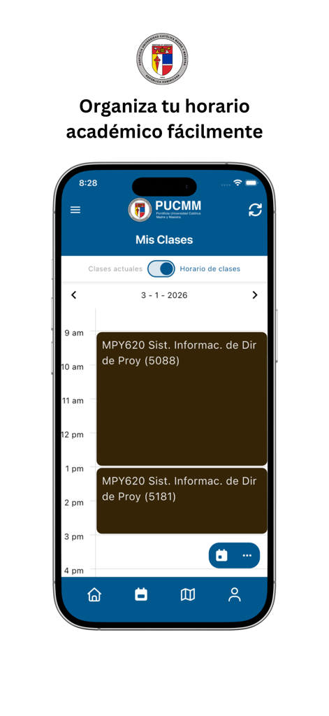 PUCMM - Smartphone screen showing the PUCMM app academic schedule interface with class blocks
