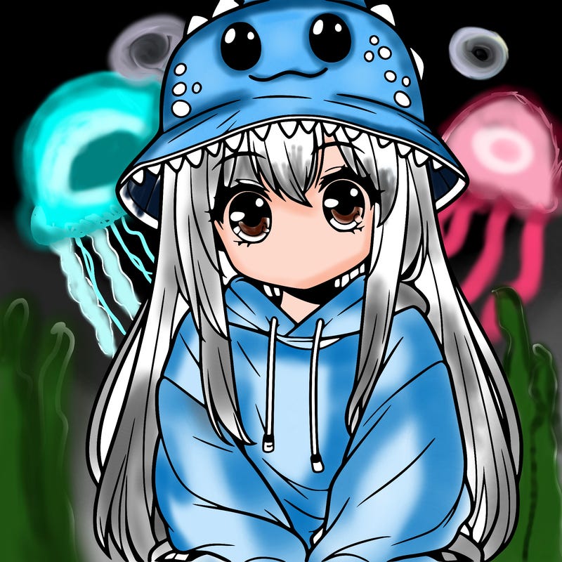 girl with anime shaped eyes with a dinosaur bucket hat oversized sweatshirt long straight hair