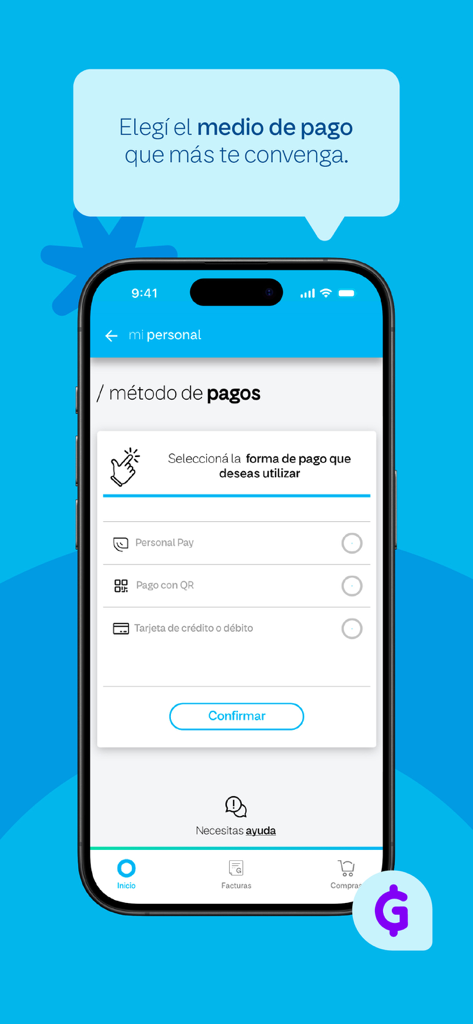 Mi Personal - Paraguay - Payment methods screen in the Mi Personal Paraguay app displaying options for Personal Pay QR and credit card.