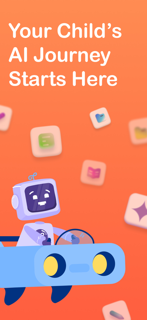 Coursiv Junior - Un robot cartoon amical conduisant un véhicule avec le texte Votre parcours IA commence ici sur un fond orange