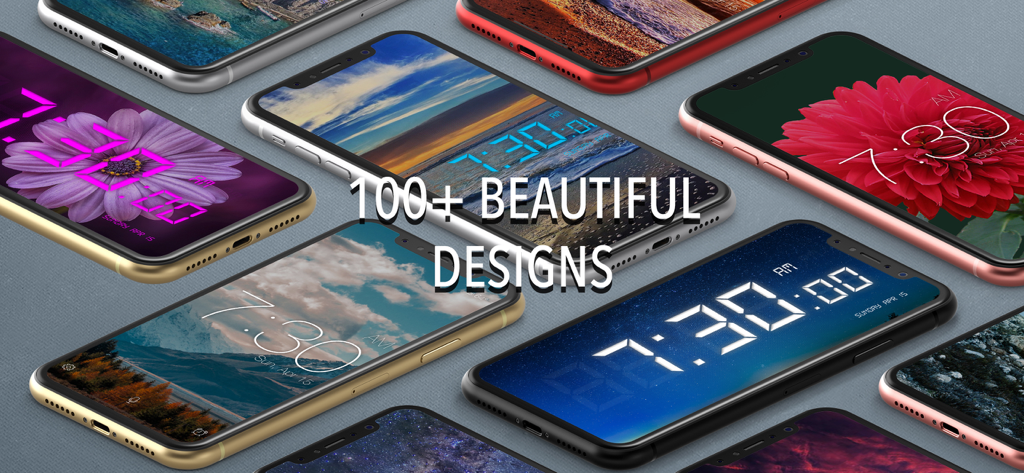 Loud Alarm Clock – the LOUDEST - Multiple iPhones showing diverse aesthetic alarm clock background designs