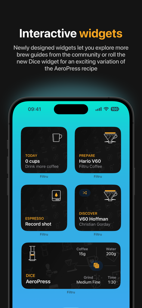 Widgets interactifs de l'application Filtru pour les recettes de préparation de café et le suivi