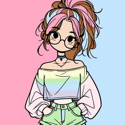 girl with a messy ponytail glasses a baggy crop top and jean shorts