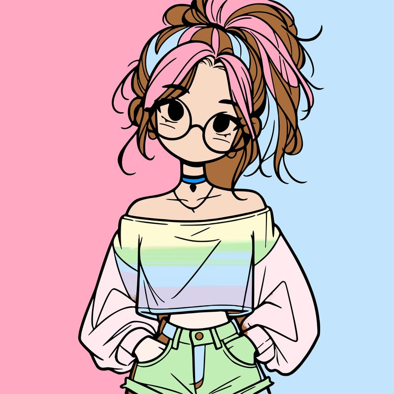 girl with a messy ponytail glasses a baggy crop top and jean shorts