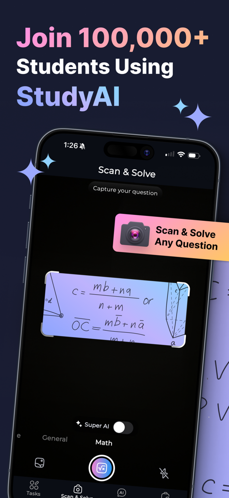 AI Homework Helper - StudyAi - StudyAi app interface showing the scan and solve feature for math homework problems