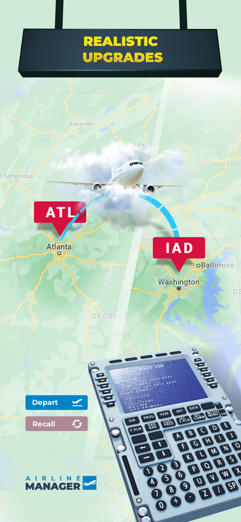 Airline Manager 2026 game interface showing a flight route from Atlanta to Washington with a realistic flight management computer