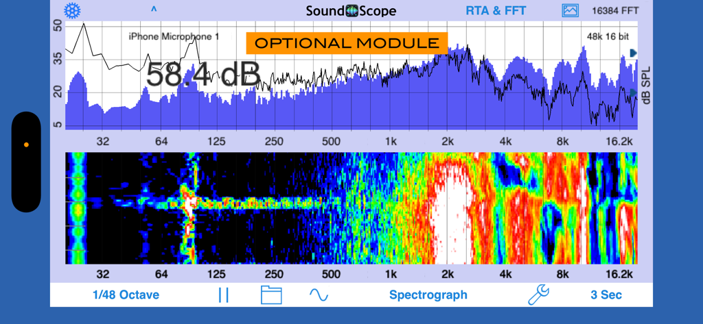 Módulo SoundScope do AudioTools mostrando análise de frequência de áudio em tempo real e espectrograma