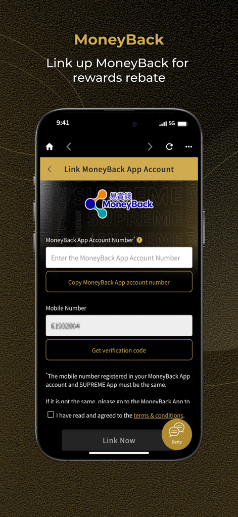 Link MoneyBack account for rewards rebate in the SUPREME app