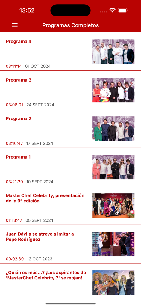 Oberfläche der MasterChef Spanien-App mit einer Liste vollständiger Episoden mit Thumbnails und Sendedaten