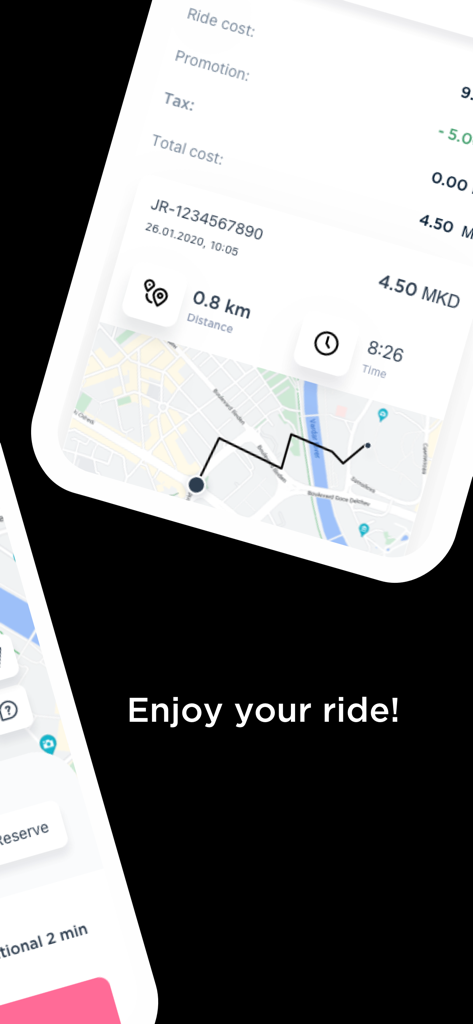 Captura de pantalla de la aplicación e-Enjoy que muestra un resumen del viaje con el costo total, una distancia de 0,8 kilómetros, una duración de 8 minutos y un mapa que muestra la ruta del patinete