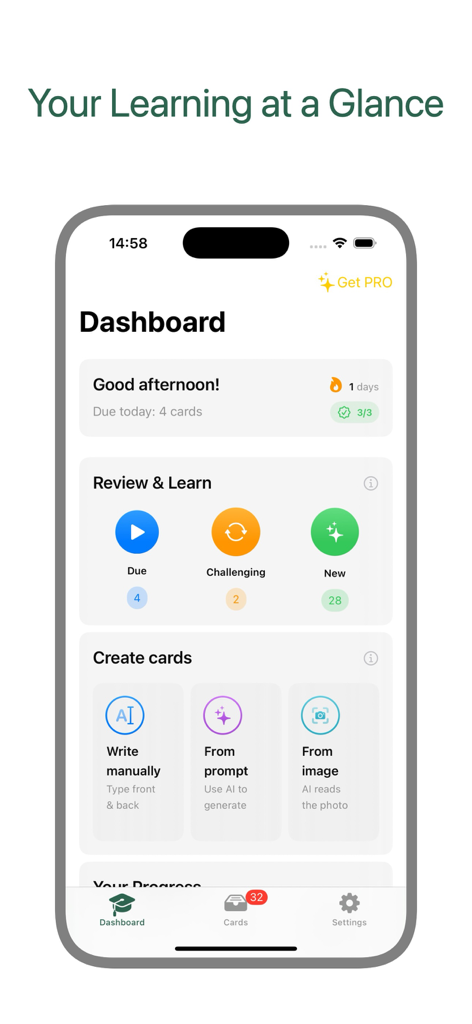 Cognito — AI Flashcards - Panel de control de Cognito AI Flashcards que muestra el progreso del aprendizaje y las opciones de creación de tarjetas de memoria con IA
