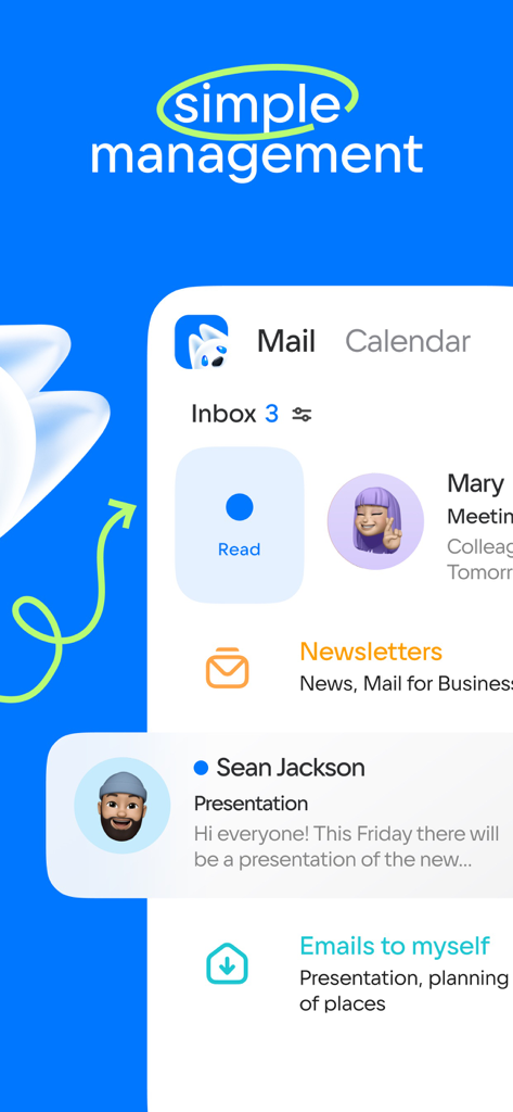 Mobile app interface showing email inbox and management features with tabs for mail and calendar