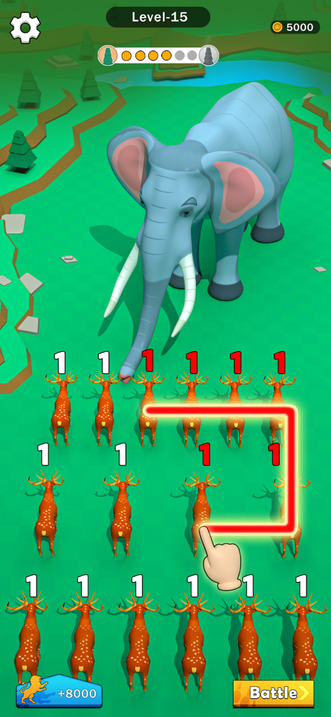 Merge Animal - Dinosaur Fight - Gameplay of Merge Animal Dinosaur Fight showing a player merging deer to prepare for battle against a giant elephant.
