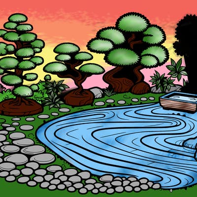 a serene zen garden with raked gravel, bonsai trees, and tranquil ponds