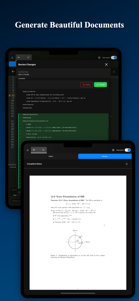 MathNotes: AI Notes for STEM - A preview of compiled mathematical notes and a LaTeX code editor in the MathNotes app.