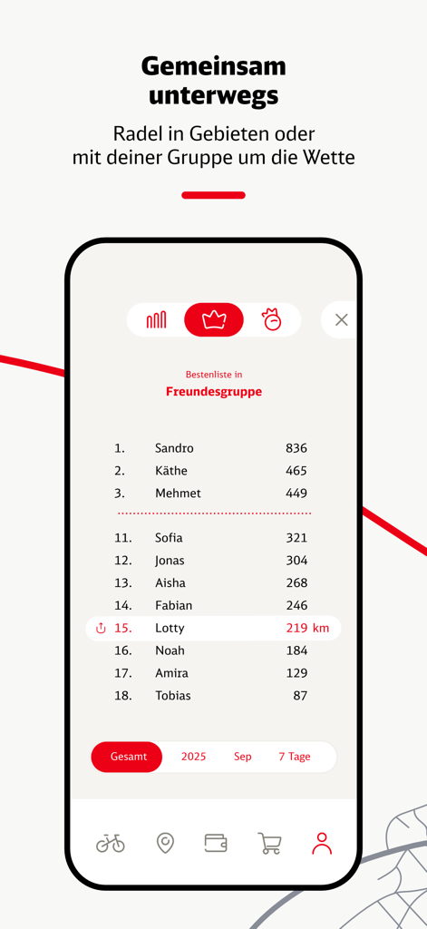 DB Rad+ Prämien für Kilometer - Una pantalla móvil que muestra la tabla de clasificación de la aplicación DB Rad plus donde los usuarios compiten en distancias de ciclismo dentro de un grupo de amigos.