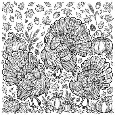 Dive into the heart of the fall season with this exquisite coloring page showcasing three magnificent strutting turkeys. Adorned with a rich tapestry of pumpkins, autumn leaves, and harvest delights, it offers a wonderfully detailed scene perfect for adult and teen colorists.