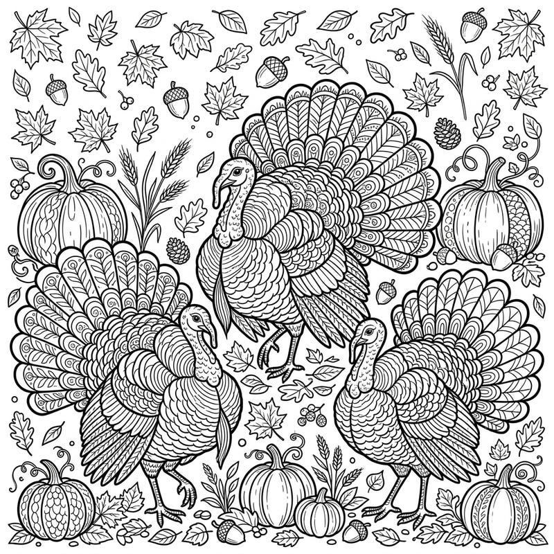 Dive into the heart of the fall season with this exquisite coloring page showcasing three magnificent strutting turkeys. Adorned with a rich tapestry of pumpkins, autumn leaves, and harvest delights, it offers a wonderfully detailed scene perfect for adult and teen colorists.