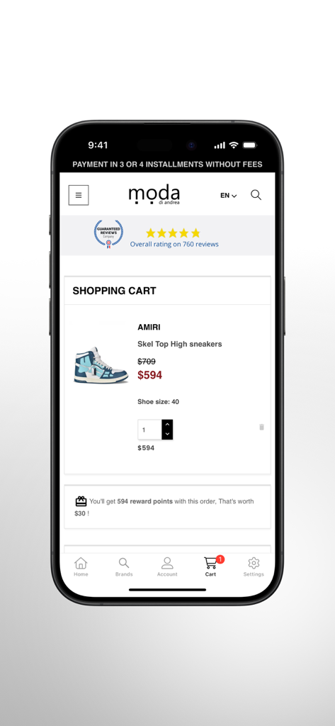 Moda di Andrea - L'app Moda di Andrea mostra un carrello della spesa con sneakers di lusso Amiri