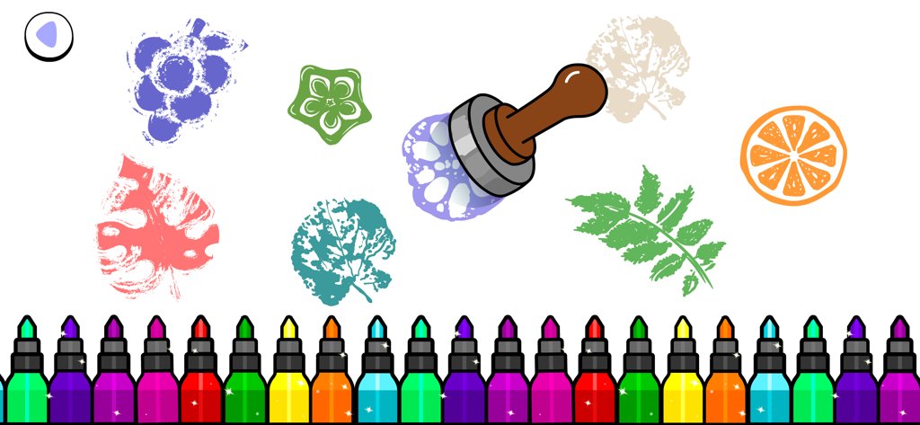 Digital coloring app interface showing a stamp tool with various fruit and leaf patterns and a row of colorful markers